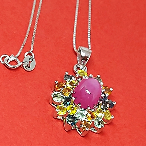 Natural Heated Ruby 10x8mm & Sapphire 925 Sterling Silver Necklace 18" - Picture 4 of 7